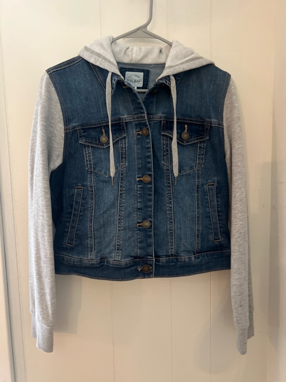 Wax Jean Blue Denim Jacket with Gray Hood and Sleeves